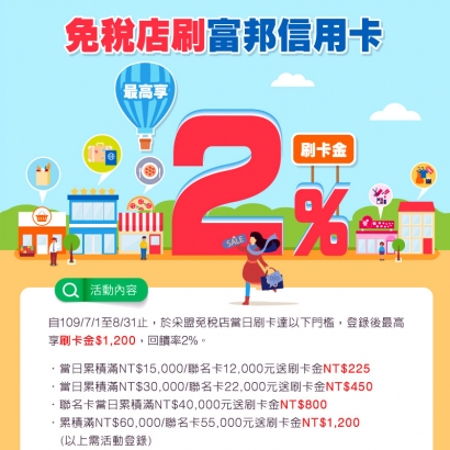 采盟免稅店刷富邦信用卡最高享2%刷卡金回饋